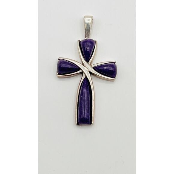 Signed Coleman 925 Sterling Silver Purple Charoite Cross Crucifix Pendant CCO - Picture 1 of 7
